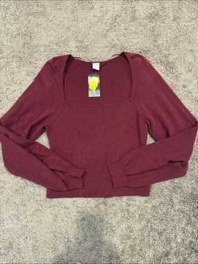 Melrose and Market Ribbed Square-Neck Long Sleeve Top in Burgundy